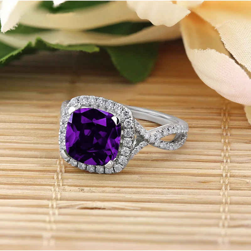 heart-shaped diamond ring for her -Auriya 1 7/8ct Cushion-cut Purple Amethyst and Halo Diamond Engagement Ring 1/2cttw 14k Gold