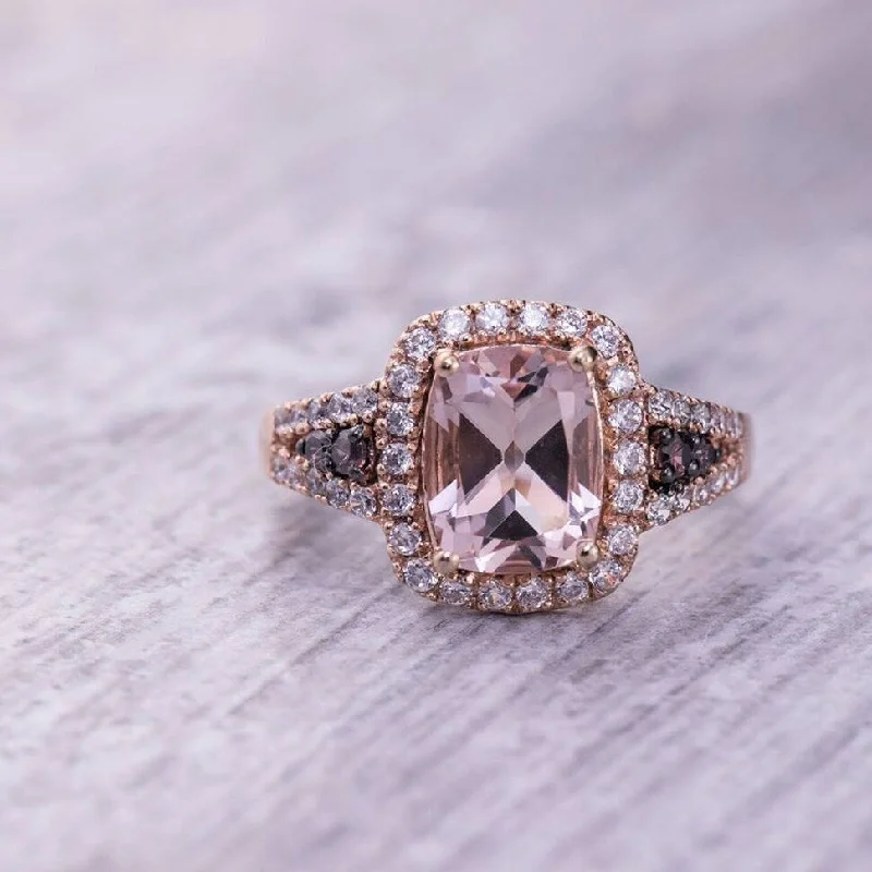 solitaire engagement ring with diamond -Auriya 10k Two-Tone Rose Gold 2ct Cushion-Cut Morganite and 1/2ct Halo Diamond Engagement Ring