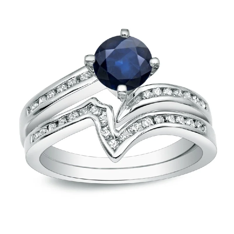 statement ring for women -Auriya 14k Gold 3/4ct Blue Sapphire and 1/4ctw V-Shaped Diamond Engagement Ring Set