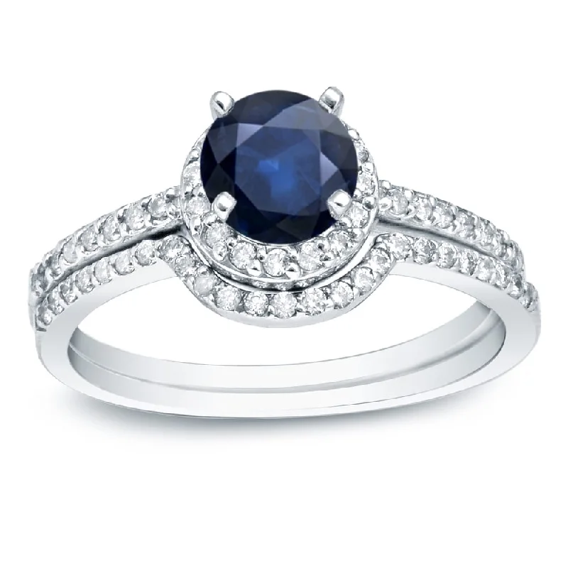 fashion ring for women -Auriya 14k Gold 3/5ct Sapphire and 2/5ctw Halo Diamond Engagement Ring Set