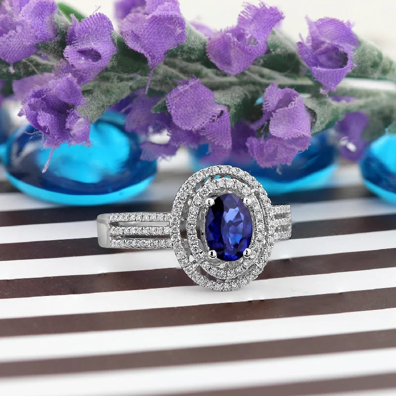 custom couple’s rings for weddings -Auriya 18k Gold 1.04ct Oval Sapphire Halo Diamond Engagement Ring 1/4ct TDW