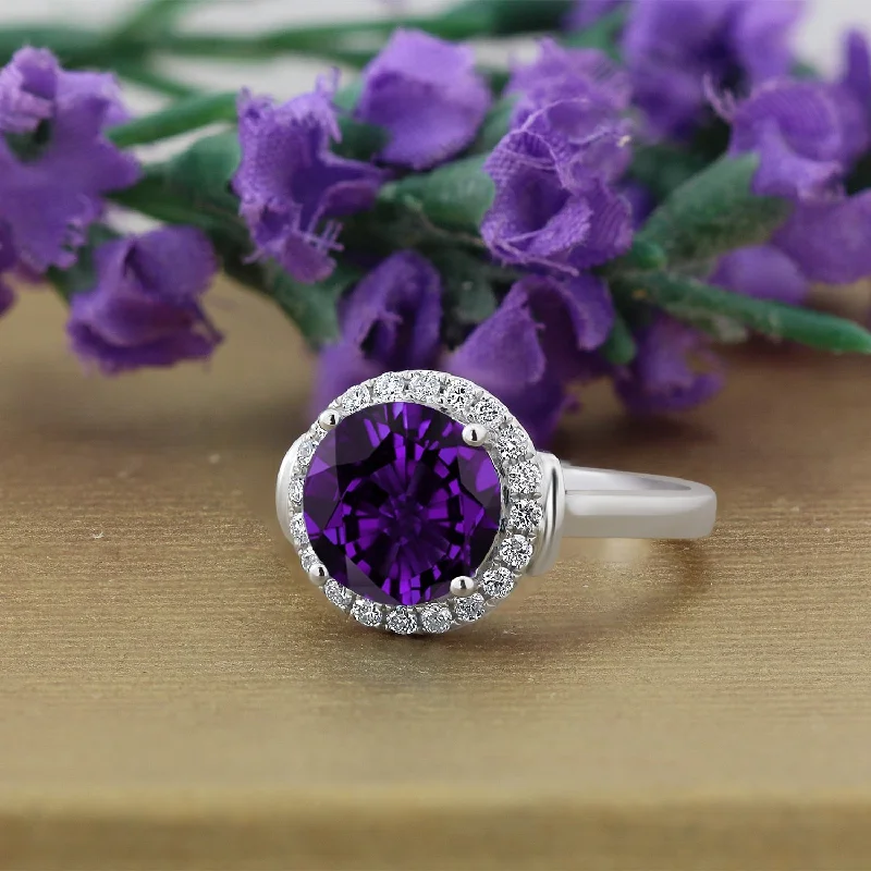 floral engagement ring for women -Auriya 2 1/5ct Round Purple Amethyst and Halo Diamond Engagement Ring 1/4ctw 14k Gold