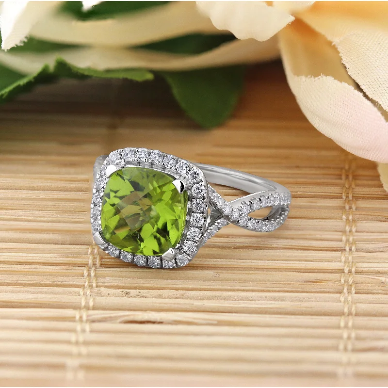 cubic zirconia ring for women -Auriya 3 1/8ct Cushion-cut Peridot and Halo Diamond Engagement Ring 1/2cttw 14k Gold