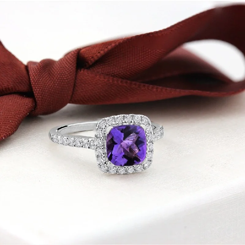 men’s platinum wedding band -Auriya 3/4ct Cushion-cut Purple Amethyst and Halo Diamond Engagement Ring 1/2cttw 14k Gold