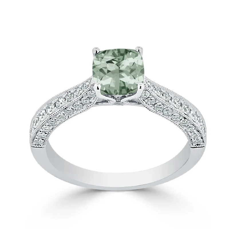 minimalist ring for women -Auriya 5/8ct Unique Cushion-cut Green Amethyst and Diamond Engagement Ring 3/8ctw 14k Gold