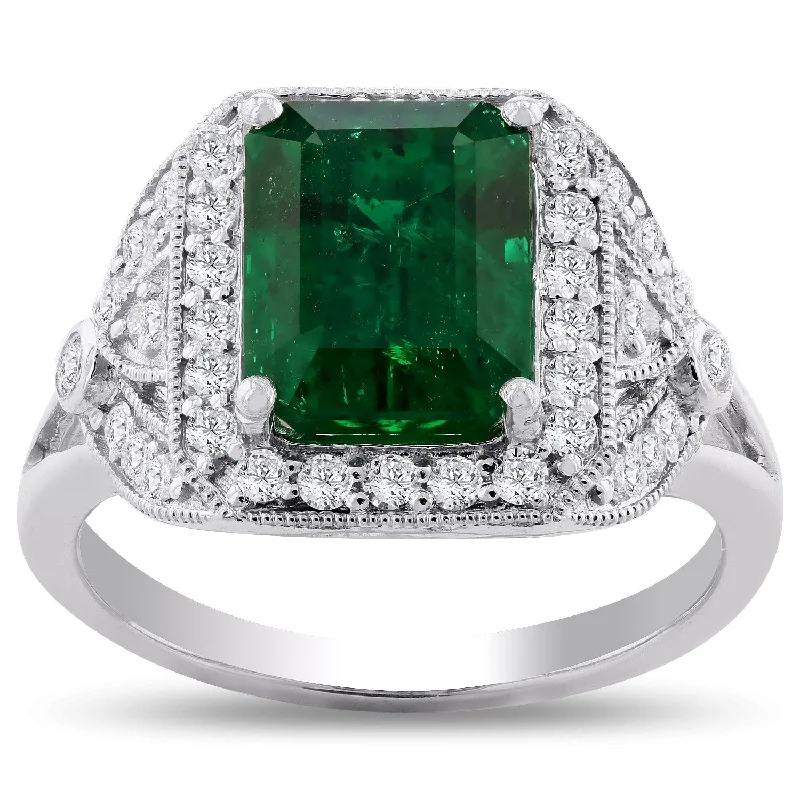 sapphire ring for women -Auriya Platinum 3 1/5ct Emerald-Cut Emerald and 3/8ct TDW Diamond Halo Engagement Ring