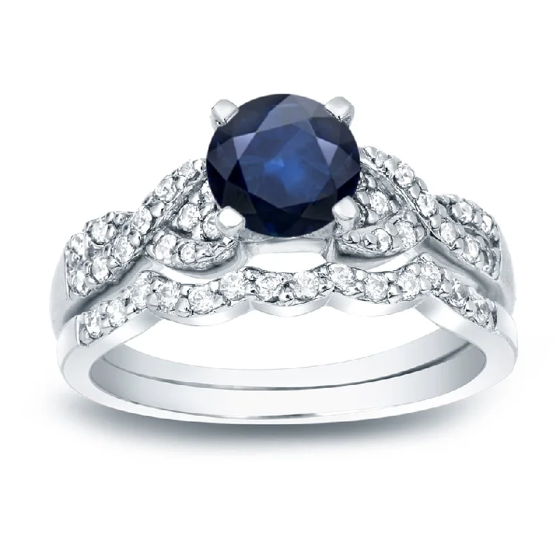 sterling silver ring for men -Auriya Platinum 3/5ct Blue Sapphire and 2/5ct TDW Braided Infinity Diamond Engagement Ring Set