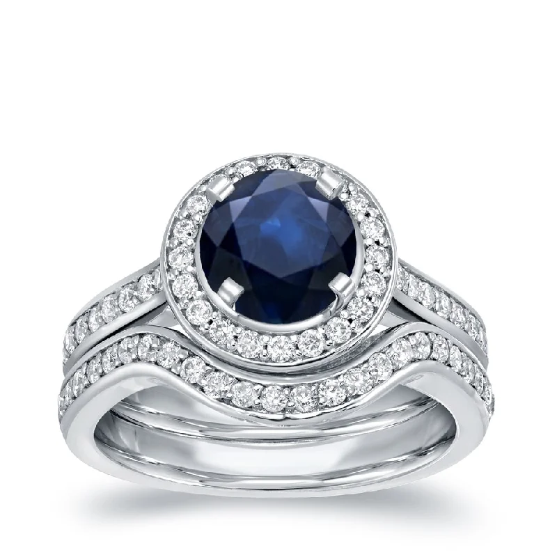 aquamarine ring for women -Auriya Round 1ct Sapphire and 1/2ct TDW Diamond Halo and Hearts Engagement Ring Set 14k Gold