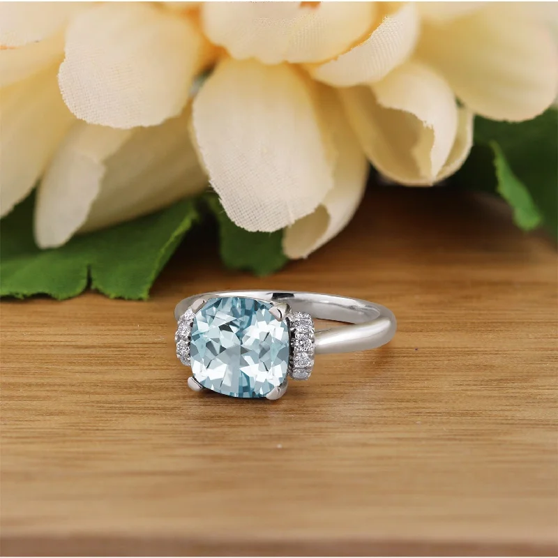 aquamarine ring for women -Auriya Unique 2ct Cushion-cut Aquamarine and Diamond Engagement Ring 1/5cttw 14k Gold