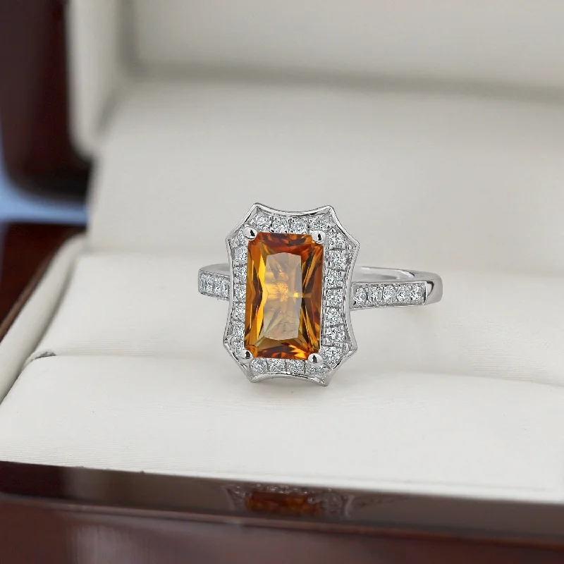 princess cut diamond ring for engagement -Auriya Vintage 1 3/4ct Emerald-cut Citrine and Halo Diamond Engagement Ring 3/8ctw 14k Gold