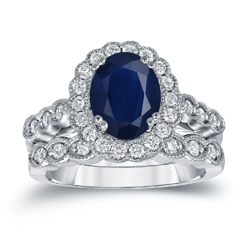 floral engagement ring for women -Auriya Vintage 2 1/2ct Sapphire Oval and 3/5ctw Halo Diamond Engagement Ring Set Platinum