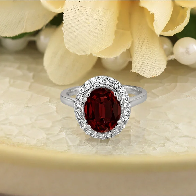 custom birthstone engagement ring for her -Auriya Vintage 2 5/8ct Oval Garnet and Halo Diamond Engagement Ring 1/3ctw 14k Gold