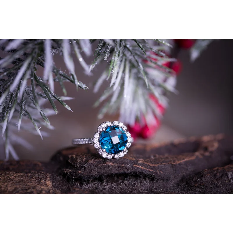 gold engagement ring for women -Auriya Vintage 3 1/10ct Fancy Swiss Blue Topaz and Halo Diamond Engagement Ring 3/8ct Fancy 14k Gold