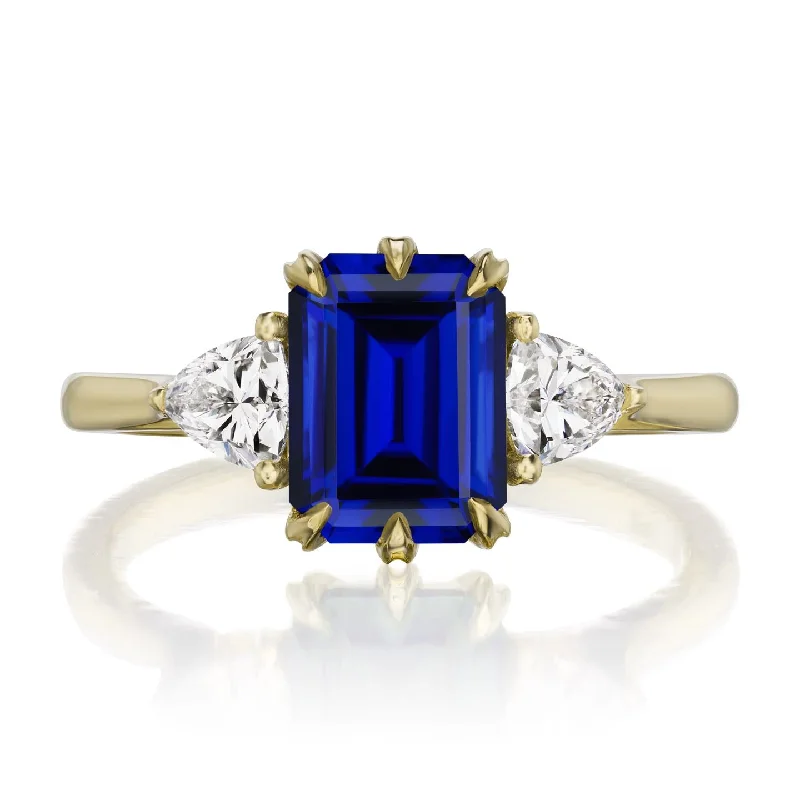 men’s silver ring with gemstone -・AVERY・Emerald Cut Blue Sapphire Center, Trillion Diamonds (2.52ctw)