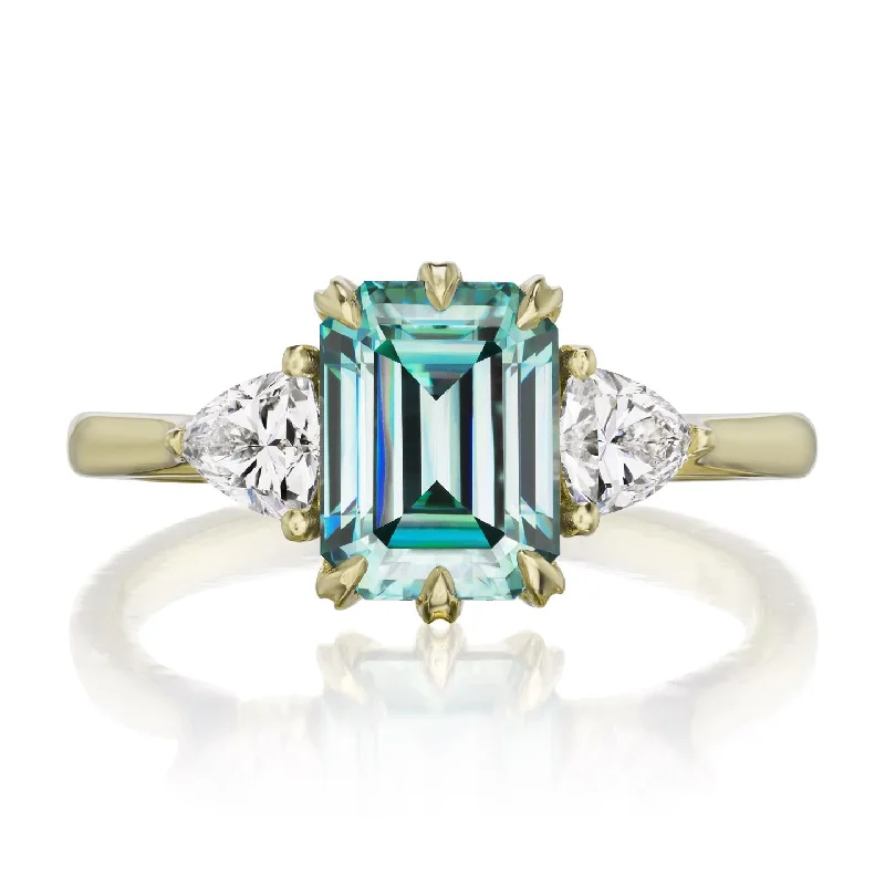 opal ring for women -・AVERY・Emerald Cut Aqua-Teal Iconic™ Moissanite Center, Trillion Diamonds (2.17ctw)