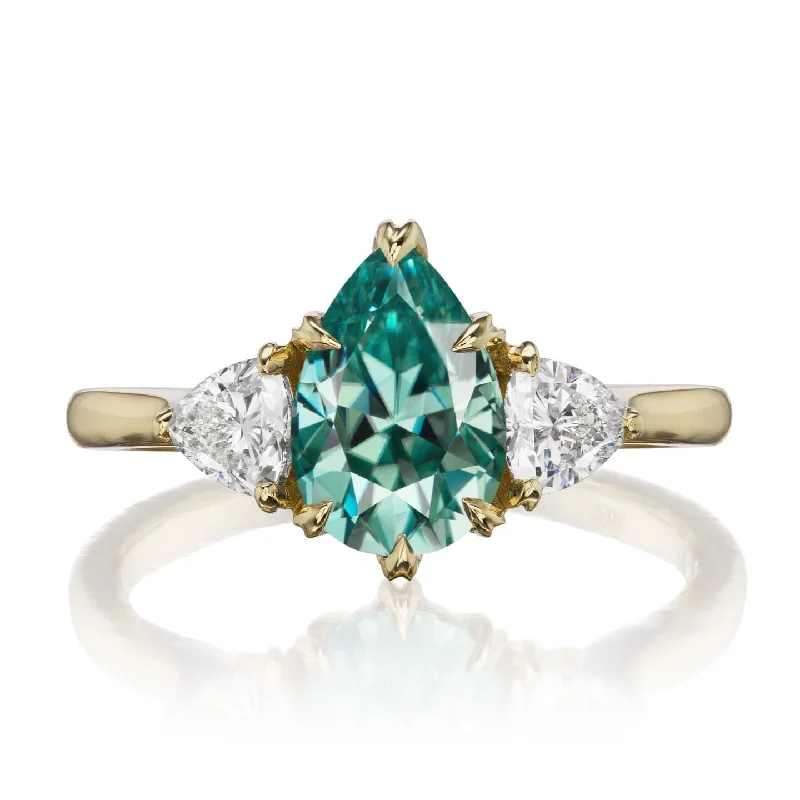 gold band ring for men -・BRYNN・Teal-Green Iconic™ Pear Moissanite Center, Trillion Diamonds (1.92ctw)