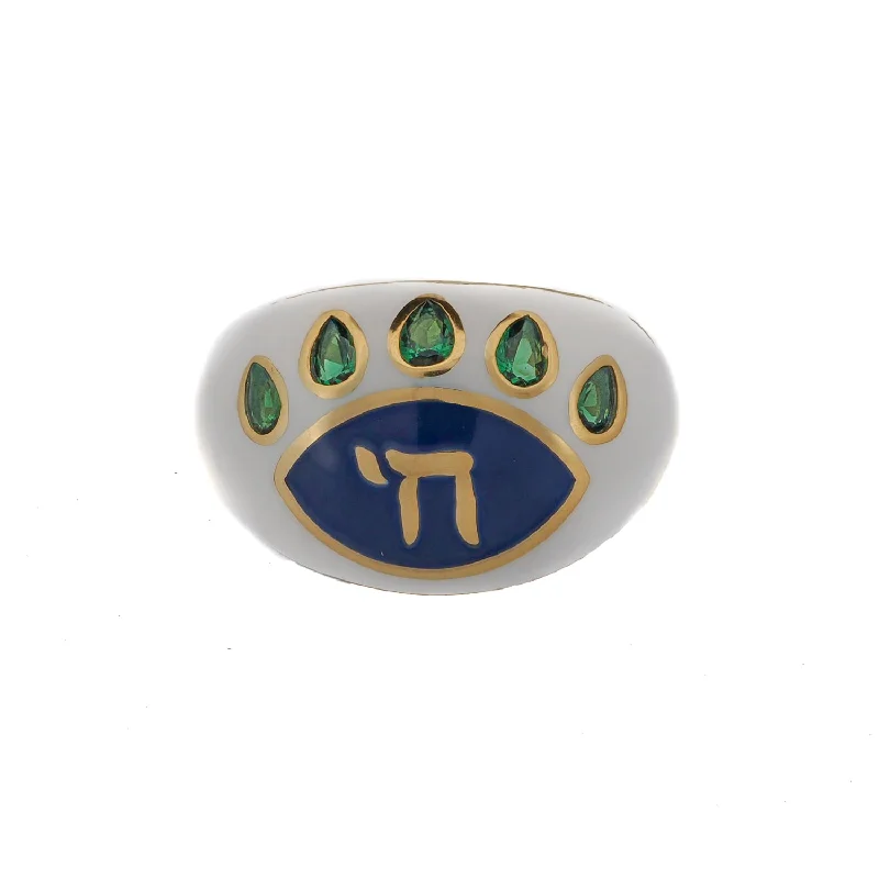 two-tone wedding ring for men -Chai Symbol & Emerald Eye Blue Enamel Adjustable Ring