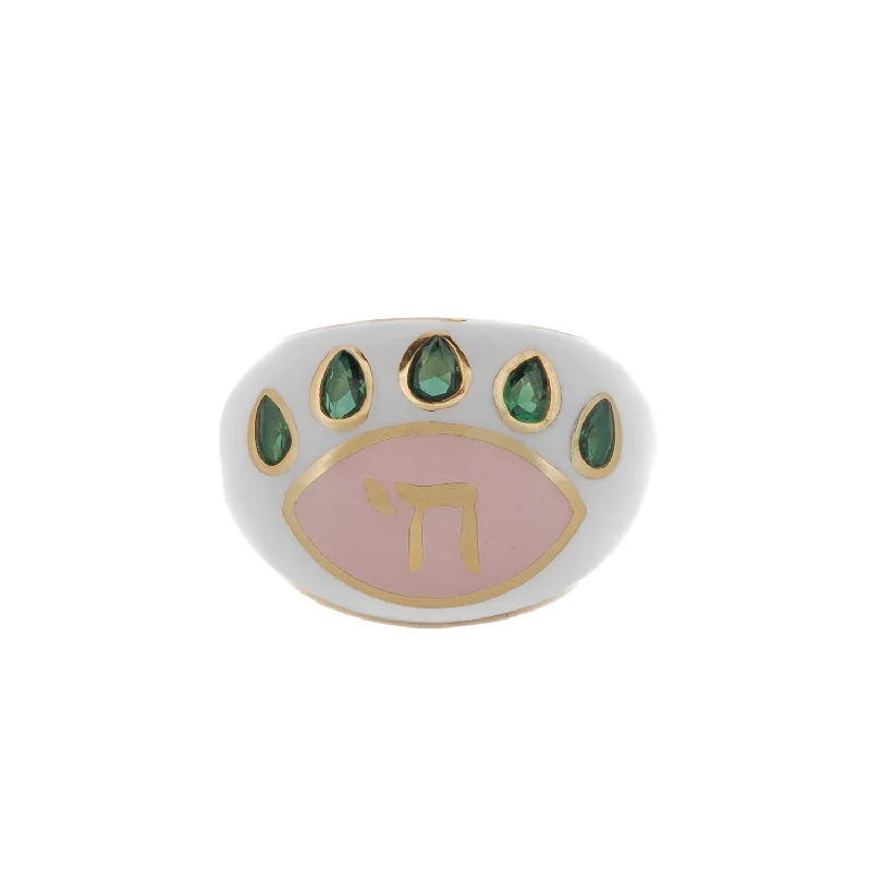 rose gold wedding band for women -Chai Symbol & Emerald Eye Pink Enamel Adjustable Ring