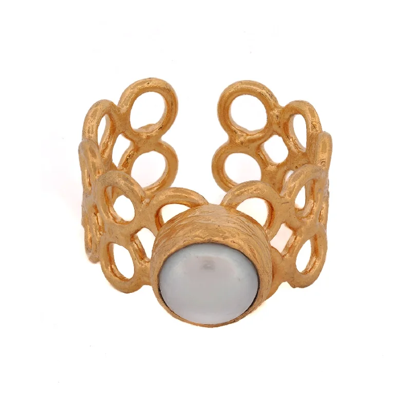 men’s silver ring with gemstone -Delicate Gold & Pearl Adjustable Ring