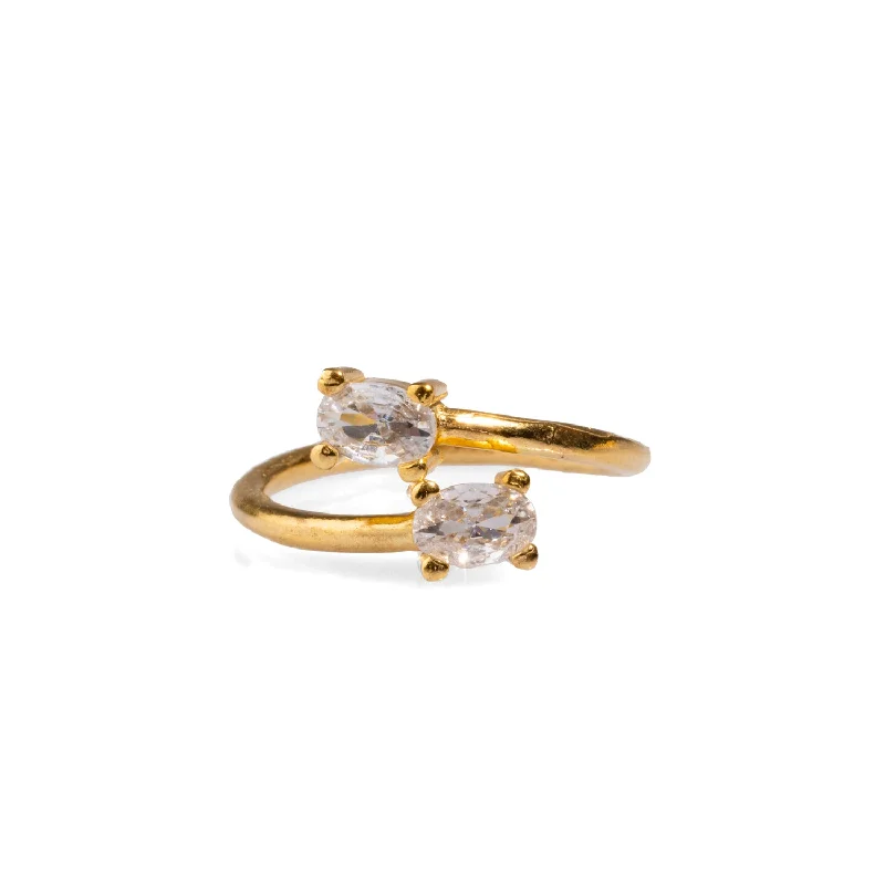 modern engagement ring for women -Double Diamond Stone & Gold Dainty Adjustable Ring