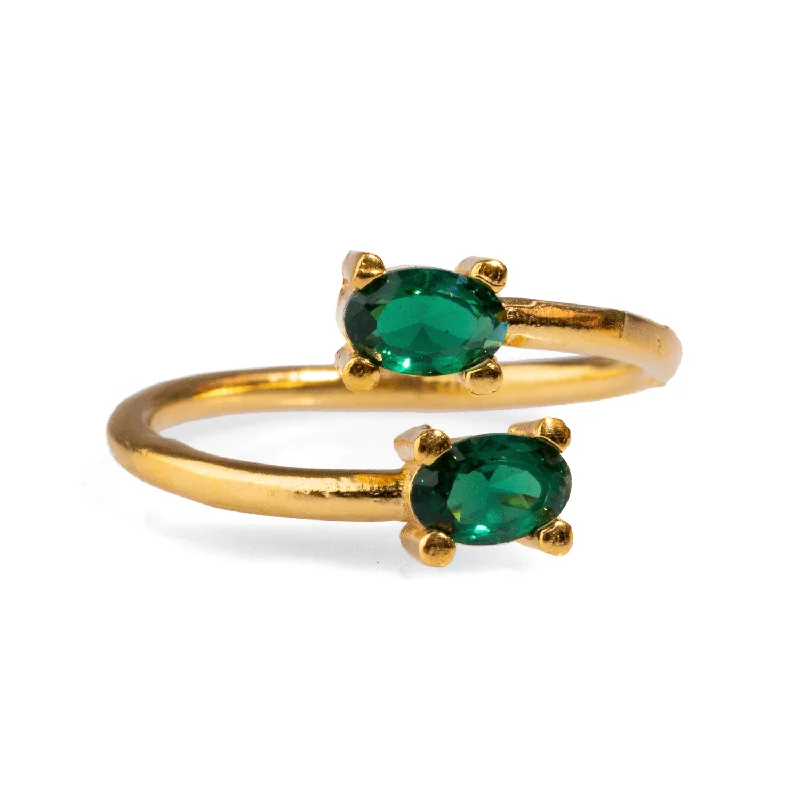 silver eternity ring for women -Double Emerald Stone & Gold Dainty Adjustable Ring