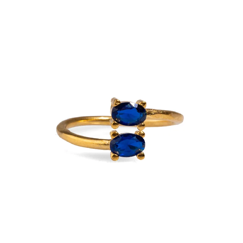 silver statement ring for women -Double Sapphire Stone & Gold Dainty Adjustable Ring