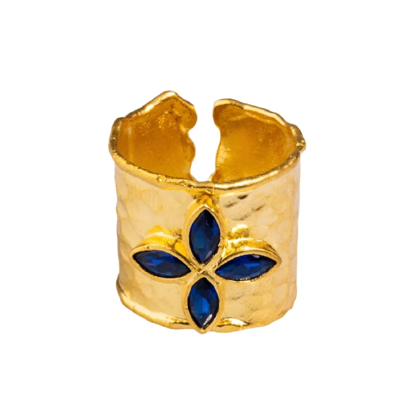 custom birthstone ring for men -Floral Sapphire Stone Gold Band Design Statement Ring