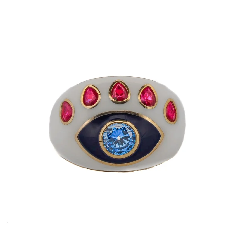 custom birthstone ring for men -Guardian Blue Topaz & Ruby Evil Eye White Enamel Adjustable Ring