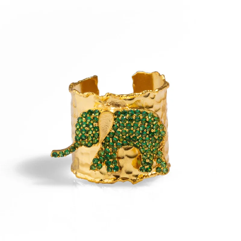 gold band ring for men -Guardian Green Elephant Gold Chunky Adjustable Ring