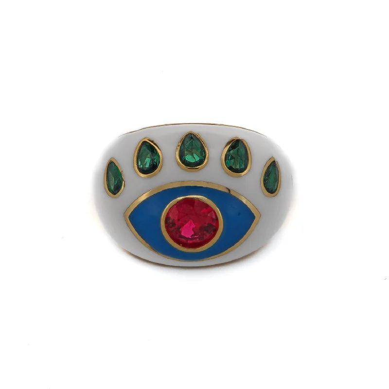 pearl ring for women -Guardian Ruby & Emerald Evil Eye White Enamel Adjustable Ring