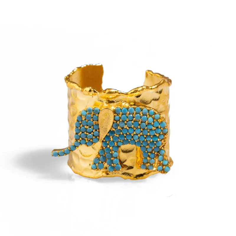 men’s gold signet ring -Guardian Turquoise Elephant Gold Chunky Adjustable Ring