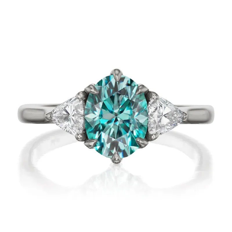 stackable rings for women -・JUNO・Oval Aqua-Teal Iconic™ Moissanite Center, Trillion Diamonds (1.92ctw)