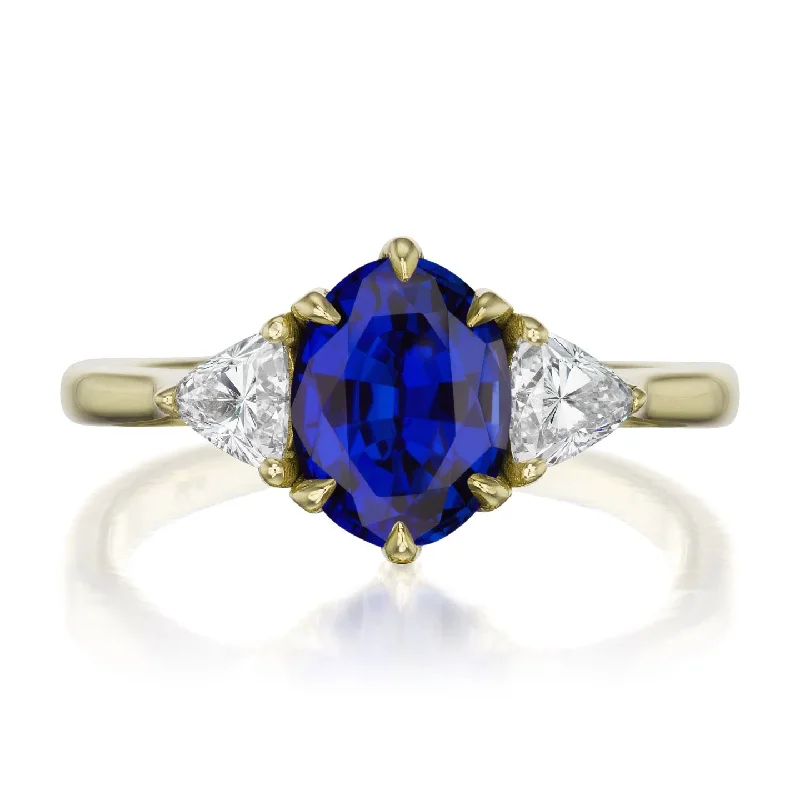 floral engagement ring for women -・JUNO・Oval Blue Sapphire Center, Trillion Diamonds (2.17ctw)