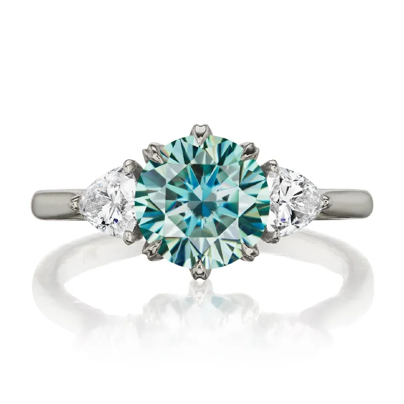 custom name ring for men -・MAGNOLIA・Aqua-Teal Iconic™ Moissanite Center, Trillion Diamonds (1.92ctw)