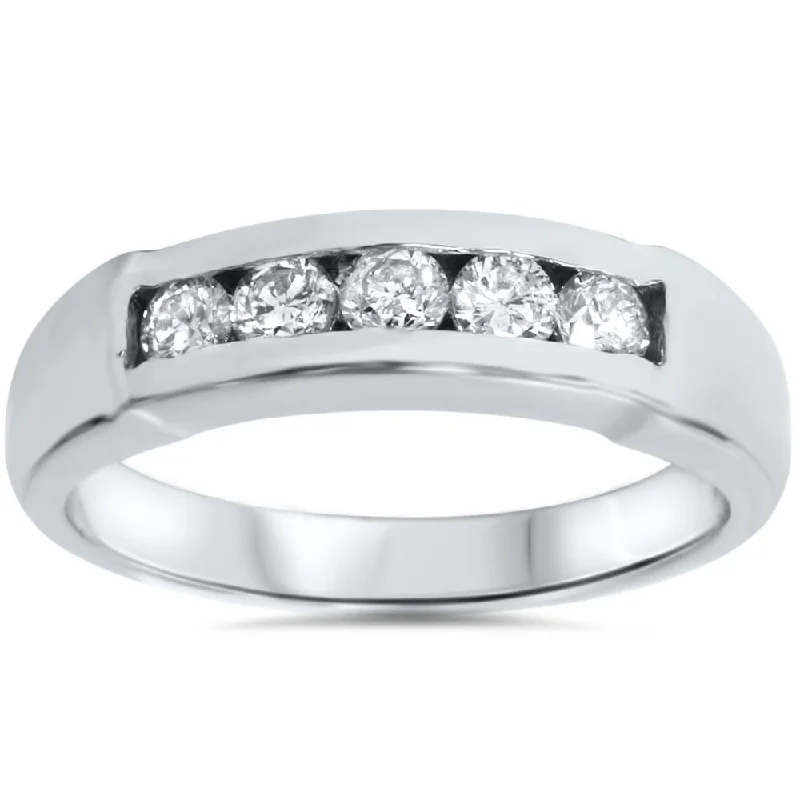 classic gold band ring for men -Mens 1/2ct 14K White Gold Round Diamond Wedding Ring