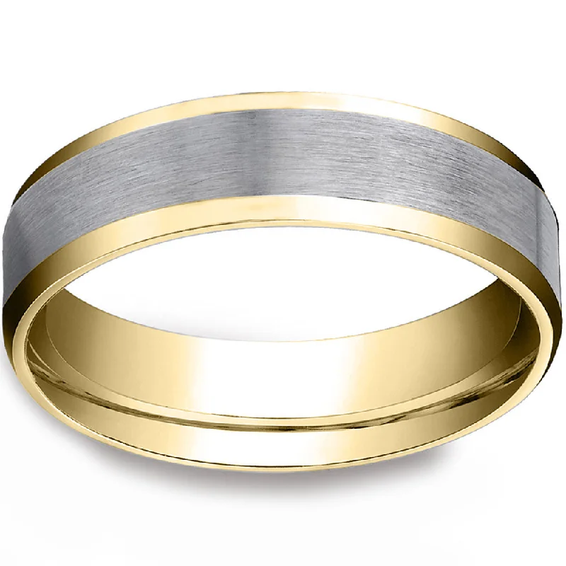 fashion ring for women -Mens 10k Gold 6MM Satin Wedding Band Flat Beveled Edge Two Tone Ring