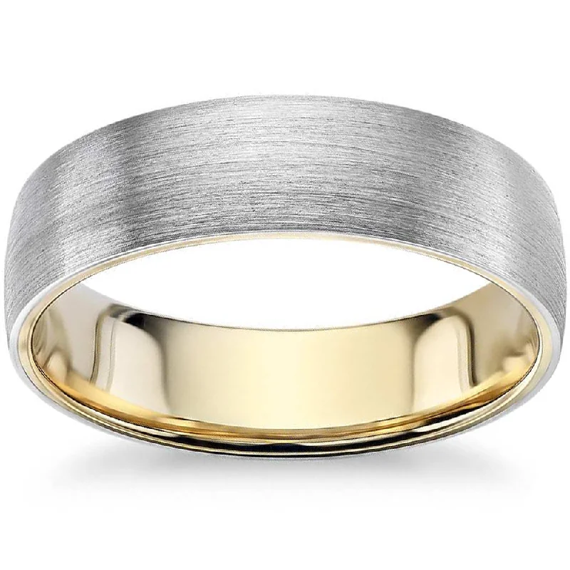 gold wedding ring set for couples -Mens 10k White and Yellow Gold Two Tone Brushed Wedding Band 5mm