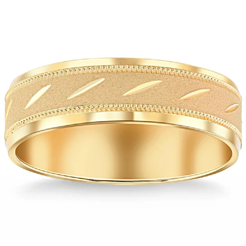 statement ring for women -Mens 10k Yellow Gold 6MM Brushed Carved Wedding Band Comfort Fit Ring