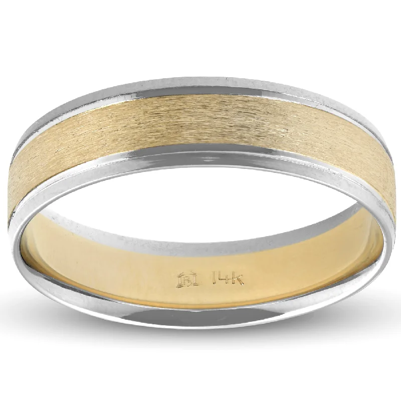 custom engraved couple’s ring -Mens 14k White & Yellow Gold Two Tone Ring Satin Wedding Band 6mm Wide