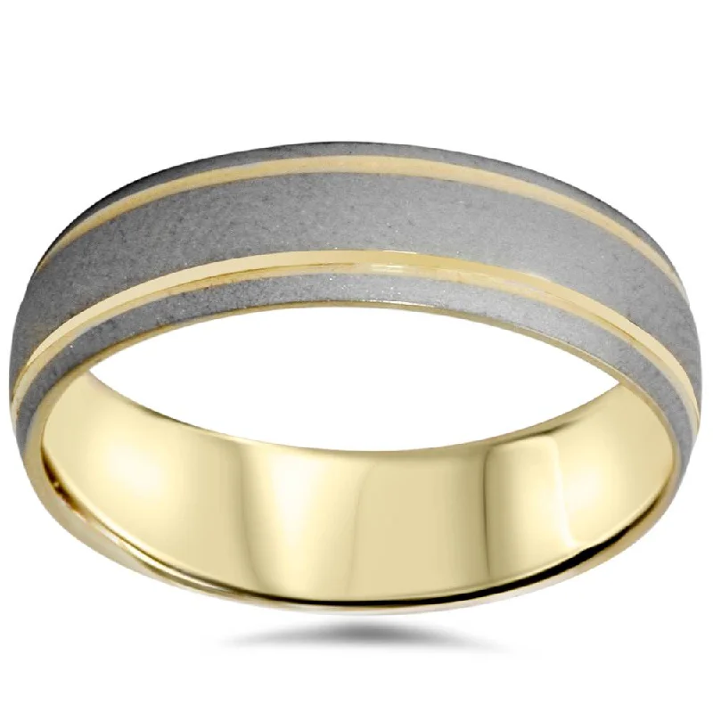 eternity ring for anniversary gifts -Mens 6mm 14K Gold Two Tone Brushed Wedding Band