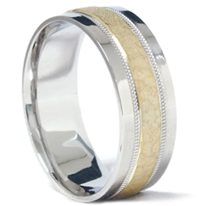 sterling silver ring for men -Mens 950 Platinum & 18K Gold Hammered Wedding Band Ring