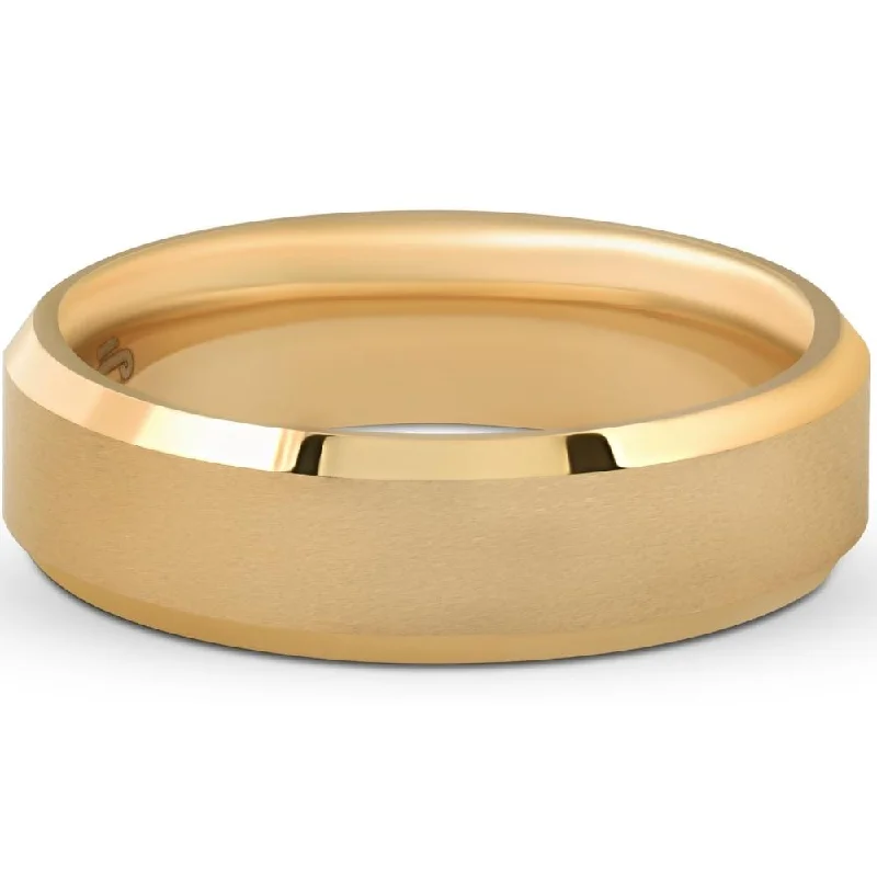 gold band ring for men -Mens Gold Plated Tungsten Ring 6mm Comfort Fit Brushed Beveled Edge Wedding Band