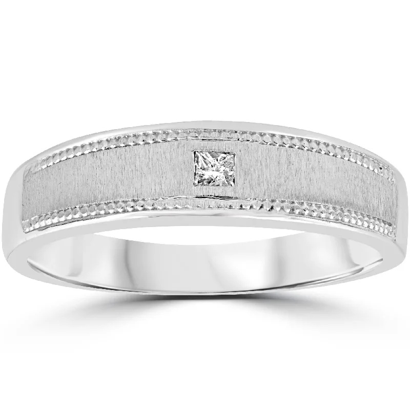 custom engraved couple’s ring -Mens Princess Cut Diamond Wedding Ring 10K White Gold