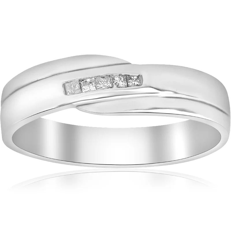 silver eternity ring for women -Mens Princess Cut Diamond Wedding Ring White Gold High Polished Channel Set