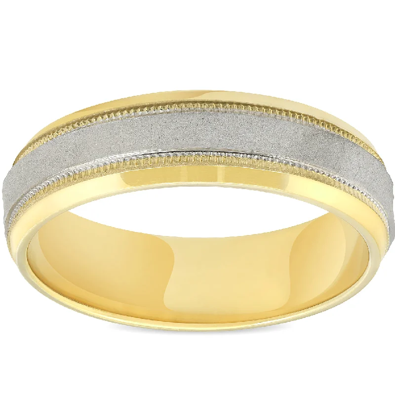 platinum diamond ring for engagement -Platinum & 18k Yellow Gold 6MM Sandblast Brushed Mens Wedding Band