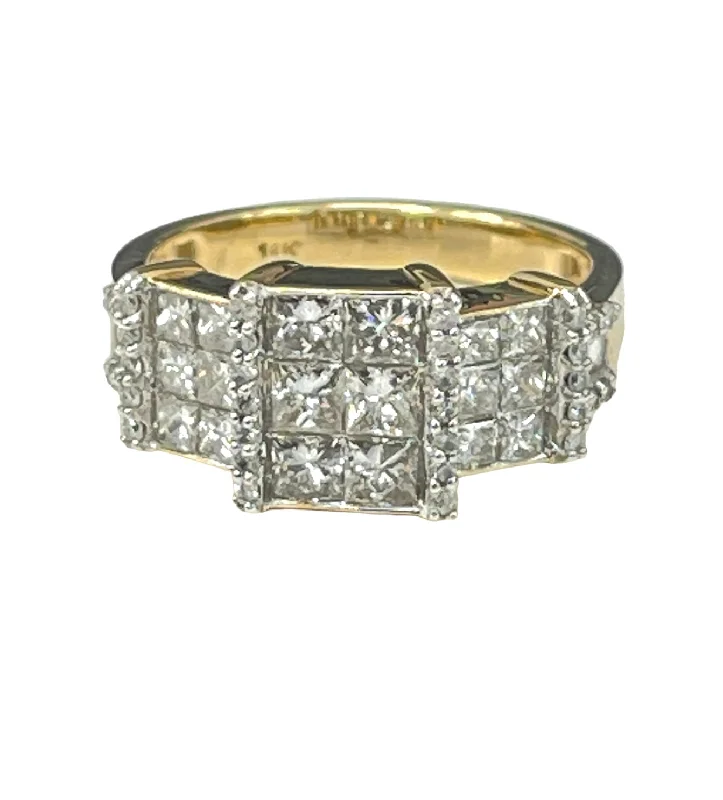 white gold wedding ring for women -Princess Cut Illusion Diamond Ring with Round Brilliant Accents Yellow Gold 14kt