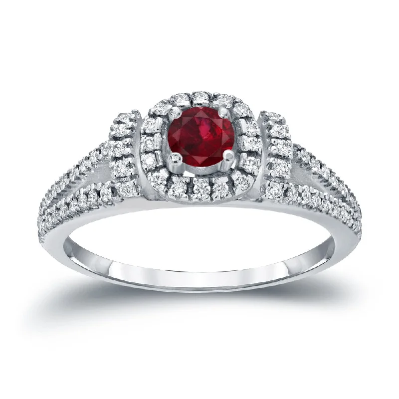 opal ring for women -Round 1/5ct Red Ruby and 1/3ct TDW Diamond Halo Engagement Ring in 14k Gold by Auriya