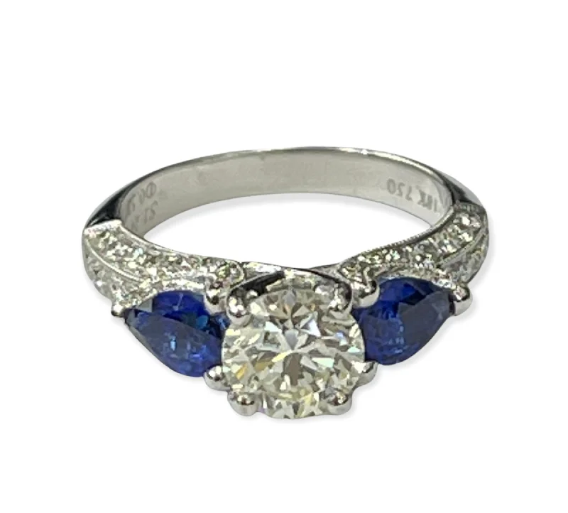 luxury emerald ring for weddings -Round Brilliant Diamond Solitaire Ring With Blue Sapphire Accents White Gold