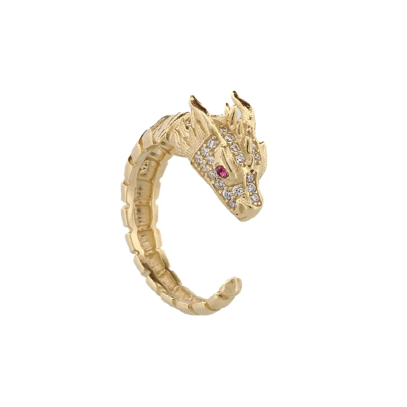 wedding ring set for women -Ruby Eyed Guardian Gold Dragon Design Ring