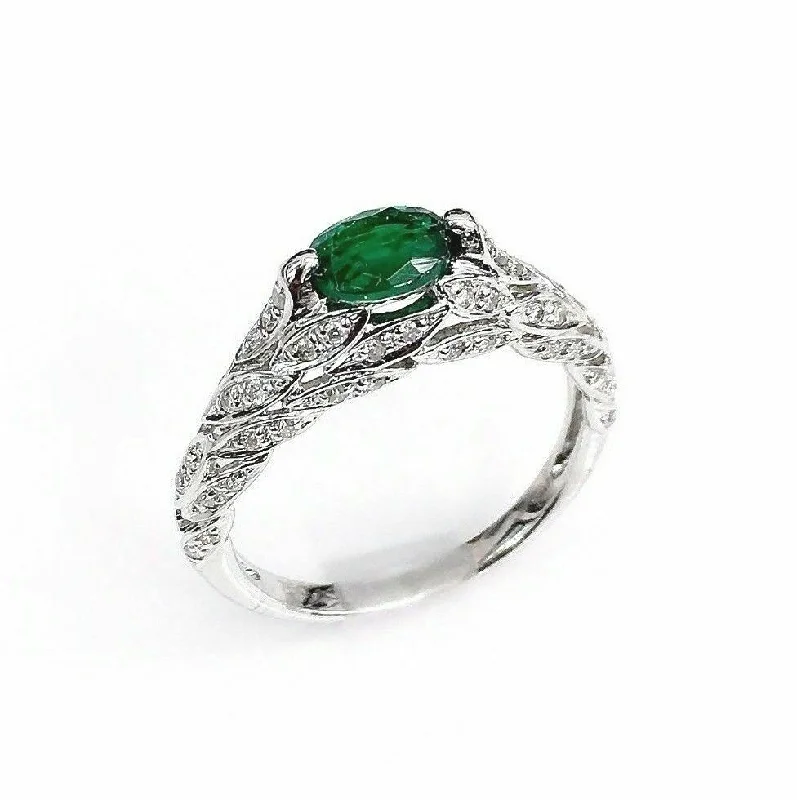 sapphire ring for engagement for women -Solid 18K Gold and 0.94 Carat t.w. Diamond and Emerald Olive Branch Ring 3 Sided